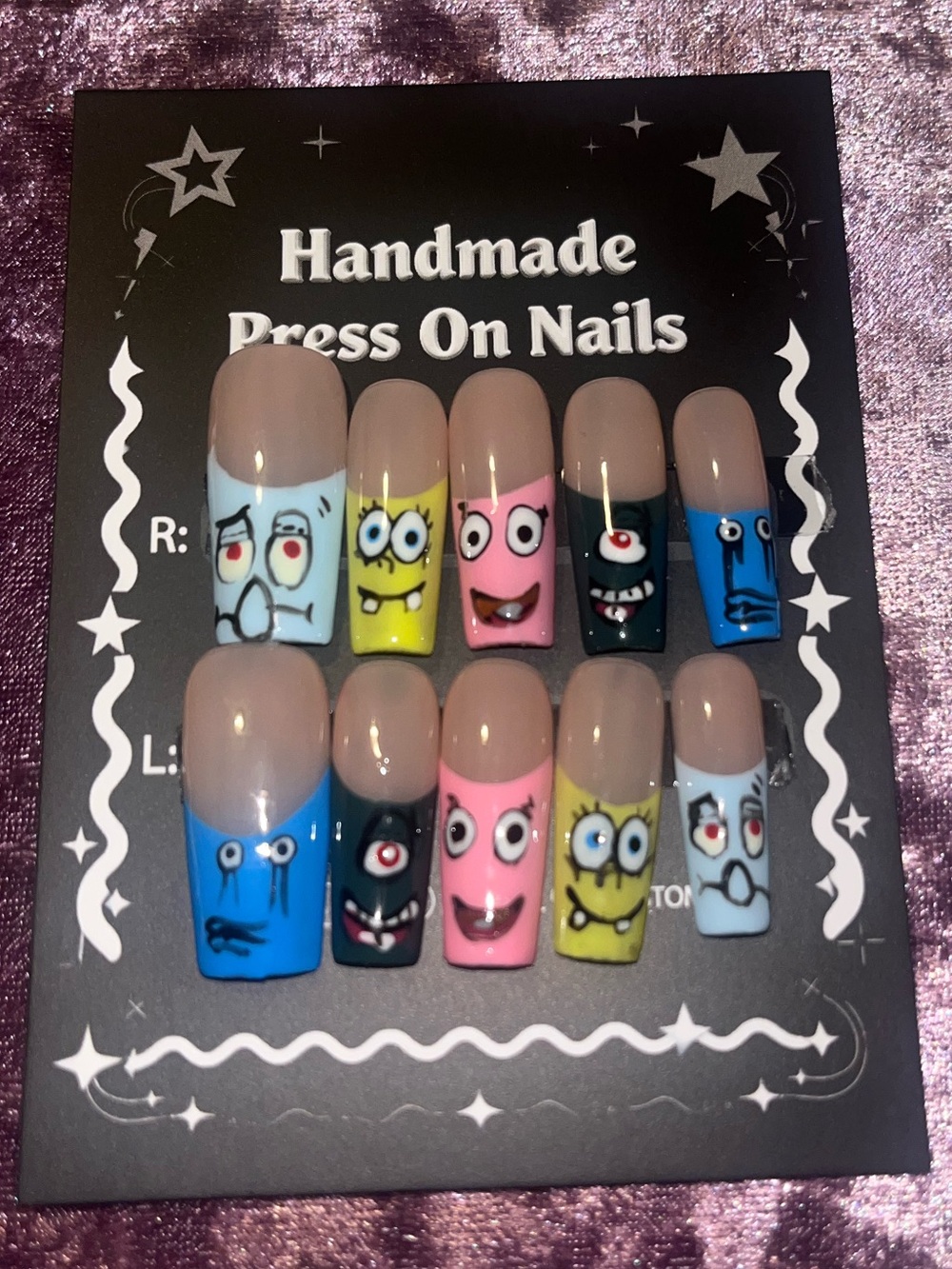 Handmade Press On Nails - Neutral French with Cartoon Faces (Multicolor)